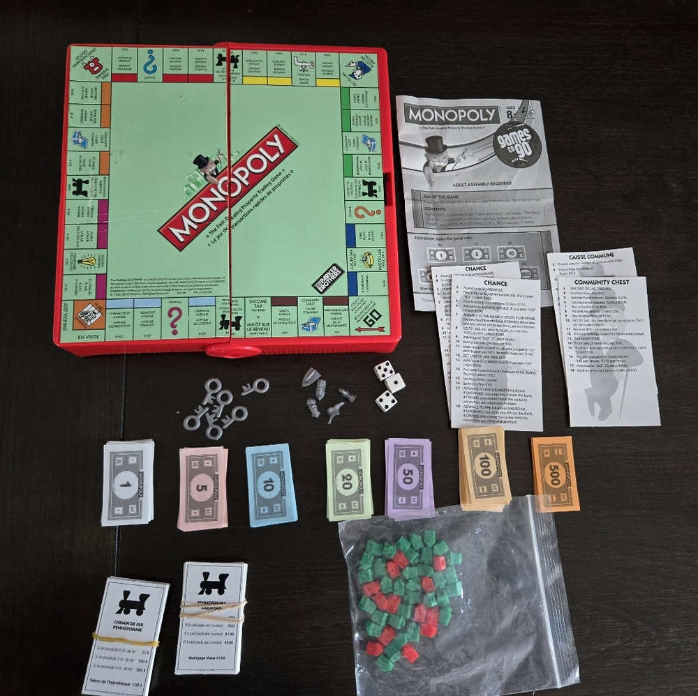 Travel Monopoly Game, Mini Game & Pieces English & Spanish Cards, Like New Cond